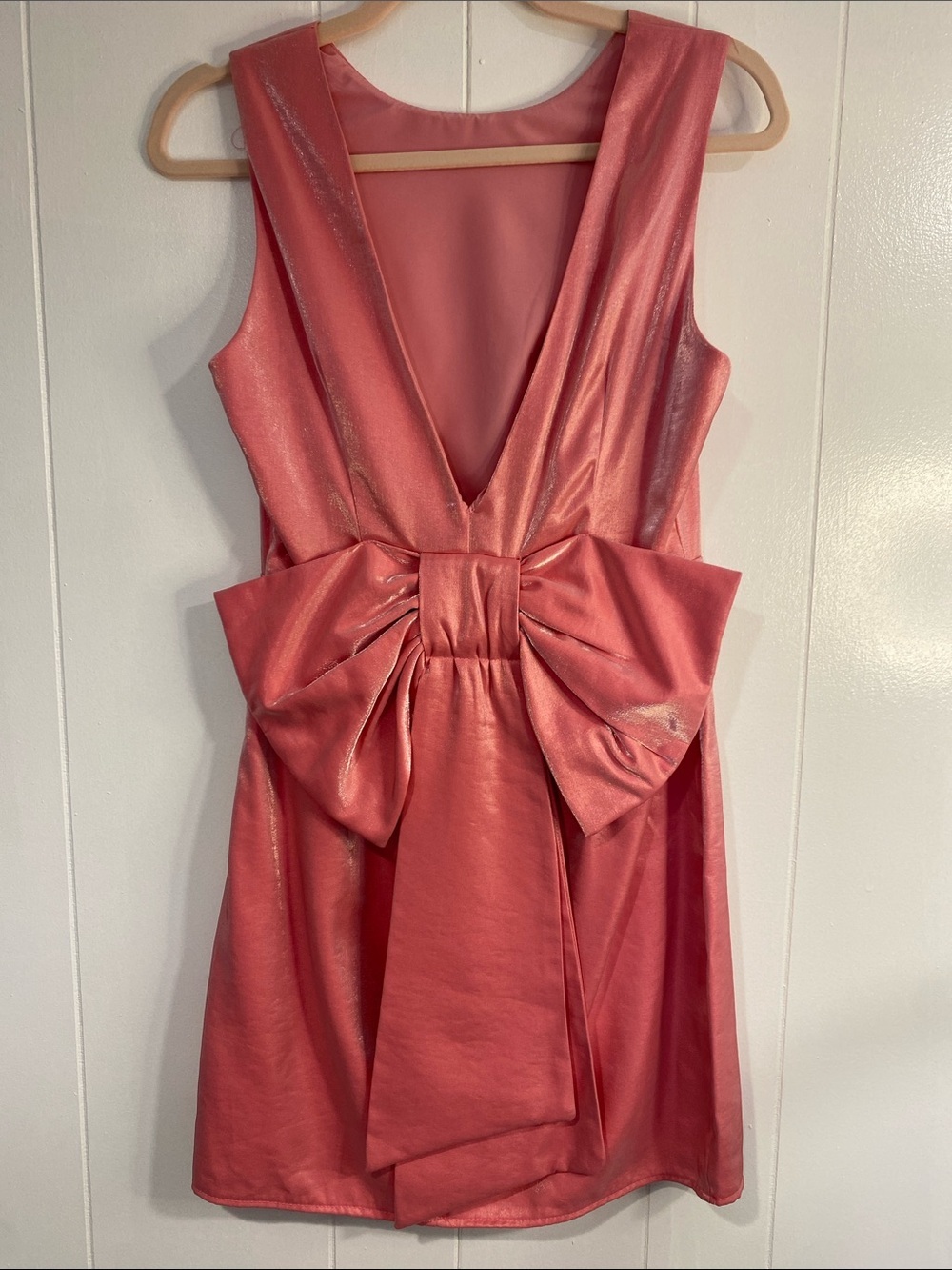 Pink Metallic Bow Back Mini Dress | Open Back Party Dress | M - Picture 4 of 8